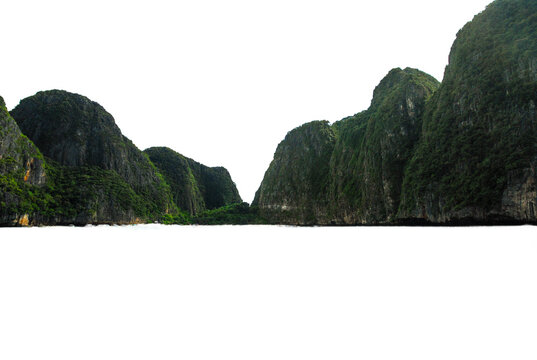 Wooded mountain on Koh Phi Phi island, rocky cliff, isolated island in the middle of the sea - tropical natural landscape, hill, mountain. Isolated against a transparent background.