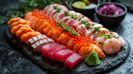 Assorted Sashimi on Dark Stone Slate with Lime and Wasabi