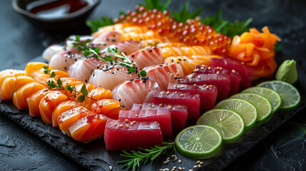 Assorted Sashimi on Dark Stone Slate with Lime and Wasabi