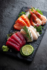 Assorted Sashimi on Dark Stone Slate with Lime and Wasabi