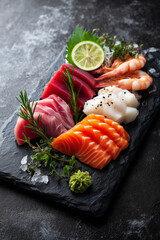Assorted Sashimi on Dark Stone Slate with Lime and Wasabi