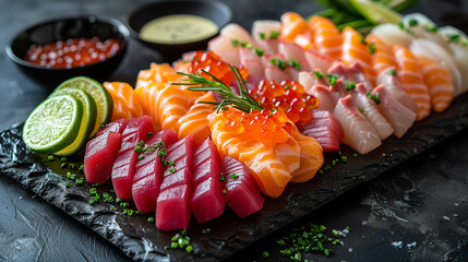 Assorted Sashimi on Dark Stone Slate with Lime and Wasabi