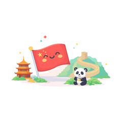 China Flag Cute Illustration With Great Wall And Panda Character. Cute Chinese Landscape Cartoon Featuring National Flag Panda And Landmark