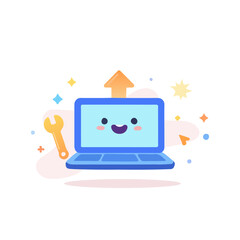 Laptop Software Update Icon Cute Flat Vector Illustration. Computer System Upgrade With Upload Arrow.