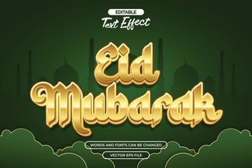 Eid mubarak editable text effect with 3d golds texture and with silhouette of the mosque in the background