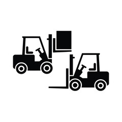 Naklejka premium Two black forklift trucks lifting a cargo box simple graphic illustration