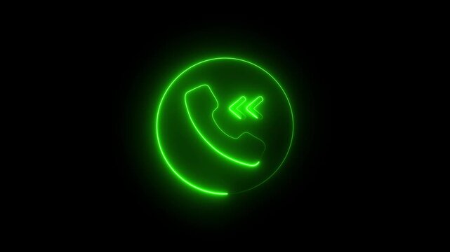 Neon  phone call icon animation with green glowing ring on dark background. 4k graphics footage.