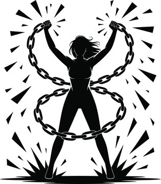 Silhouette of woman breaking a chain that forms a circle around her, small fragments flying out