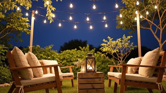 Outdoor Relaxation and Social Gathering Concept Video Featuring Cozy Night Seating Area with String Lights, Wooden Chairs, Lantern, and Inviting Atmosphere
