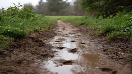 Fototapeta premium Wet muddy path with footprints and puddles leading through a green landscape