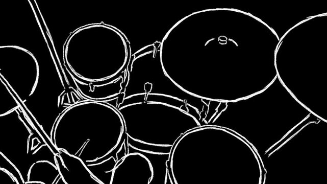 animation of drummer playing drum beat right hand on hihat. rotoscope animation. white sketch doodle scribble style on black background. back top view. looping
