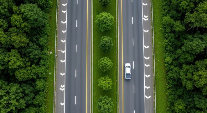 Aerial View of Highway Through Lush Green Forest with a Car Driving Top Down Perspective of Modern Road and Vibrant Trees road top view
