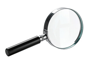 Fototapeta premium A classic magnifying glass with a black handle and shiny silver accents, isolated on black