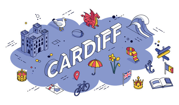 Cardiff illustrations featuring welsh icons, landmarks, and symbols