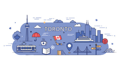 Naklejka premium Canada travel icons featuring toronto landmarks and cultural symbols