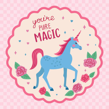 Charming Valentine artwork features a magical unicorn and inscription "You're pure magic". The vector flat illustration feels playful, romantic, and perfect for greeting cards
