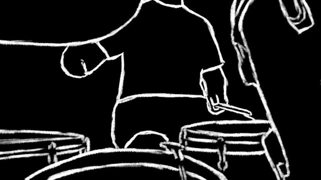 animation of drummer playing drum beat right hand on ride. rotoscope animation. white sketch doodle scribble style on black background. view point above bass drum. looping