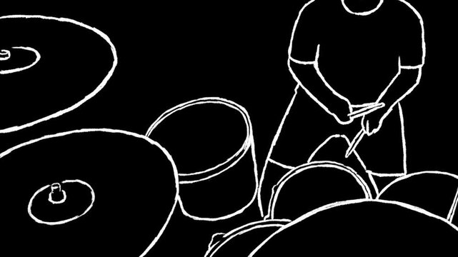 animation of drummer playing drum beat right hand on hihat. rotoscope animation. white sketch doodle scribble style on black background. front top view. looping