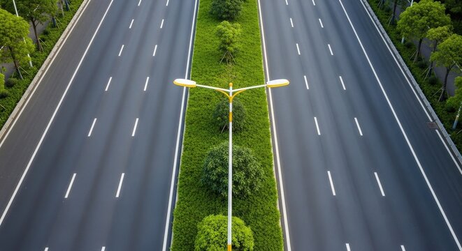 Aerial View of Empty Multi Lane Highway with Green Median and Streetlights road top view