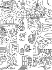 Fototapeta premium Kids and adults coloring page. Anti stress printable coloring book page for preschool, adults, children, teenagers. Surrealism story 