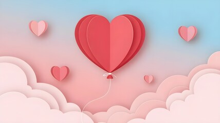 Cute Red Heart Balloon Flying in Sky Romantic Paper Cut Style Illustration