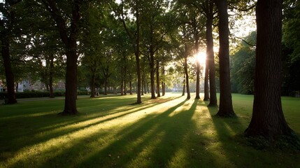 Golden sunlight streams through tall trees in a serene park casting long dramatic shadows across the lush green lawn