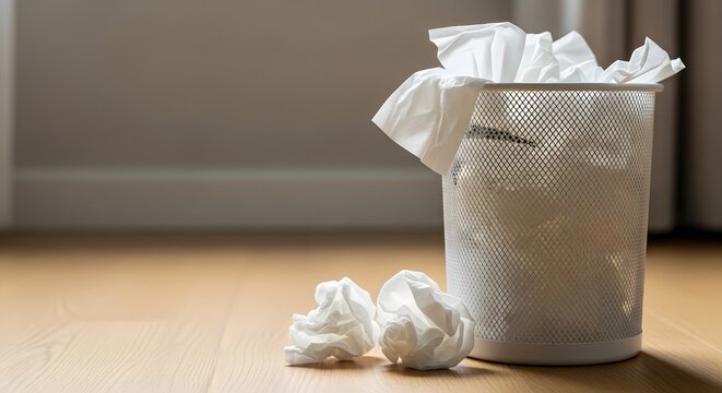 A metal trash can overflowing with crumpled white tissues sits on a wooden floor, portraying a sickness, waste, or health crisis concept