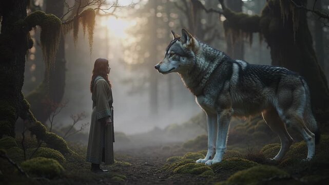 Solitary woman in an ancient forest looking at a wolf changing its gaze. Nature connection and magical wilderness atmosphere.