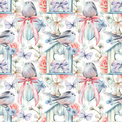 A watercolor drawing of a little titmouse with roses, apple blossoms, bows, and birdhouses. This seamless pattern is a hand-drawn design for Easter, Mother's Day, Valentine's Day, and weddings.
