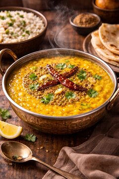 A steaming bowl of Indian dal with spices and herbs on a wooden table