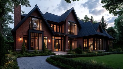 Obraz premium Stunning Modern Brick House Exterior with Lush Landscaping at Twilight