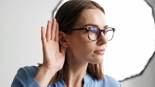 Young businesswoman with glasses cupping her hand to her ear to listen intently. She is eavesdropping on a conversation, gathering gossip or secret information on a white background
