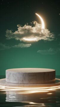 Ramadan night inspired podium scene, dark green sky background, glowing crescent moon light  ,calm luxury atmosphere animation...