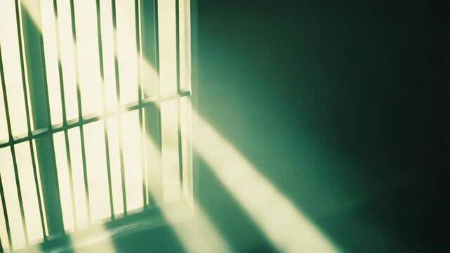 Sunlight slanting through barred window casts stark shadows on a dark room wall, a poignant metaphor of confinement and hope, hinting at escape and resilience