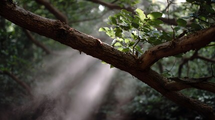 Obraz premium Sunlight streams through forest branches illuminating mist and creating atmospheric rays