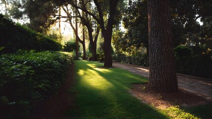Fototapeta premium Golden sunlight streams through lush green trees casting long shadows across a tranquil garden path