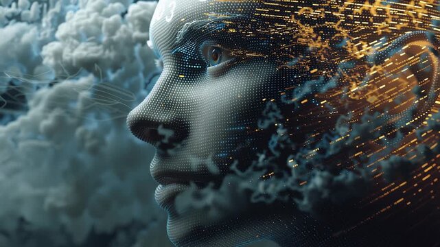 Explore a world where futuristic AI merges with human thoughts and data. Experience a vibrant journey of innovation through captivating visuals and dynamic expressions of technology.