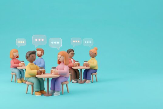 Six people gather around small tables enjoying drinks