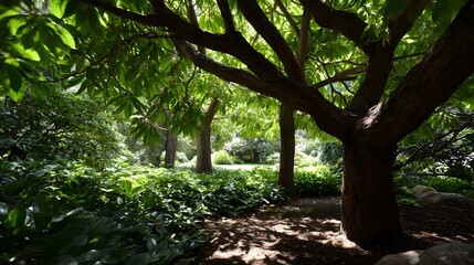 Fototapeta premium Sunlight filters through lush green trees and foliage in a serene garden setting
