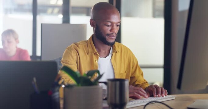 Information technology, research and businessman on computer, laptop and keyboard for software development, website and system update. Programming, solution and digital business man at desk in office