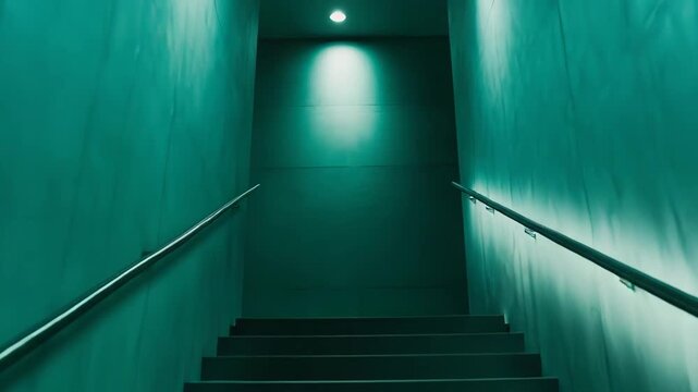 Dark teal colored staircase rising in a confined space, reflecting light on metal handrails and illuminating a distant exit, symbolizing progress, ascent, and an unknown future