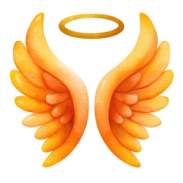 Watercolor cartoon angel wings with halo for spiritual art and design on white background