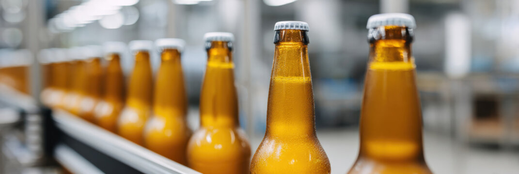 Close-up of beer bottles on assembly line in brewery