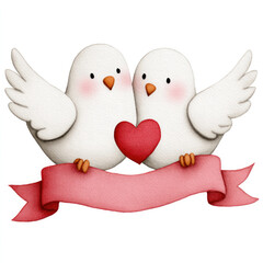 Watercolour cartoon clipart of dove pair with heart for romantic greetings and valentine's design on white background
