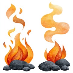 Watercolor cartoon clipart of flames and rocks with smoke for creative design projects on white background