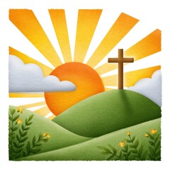 Vibrant watercolor cartoon of golden rays and a cross at sunrise over green hills