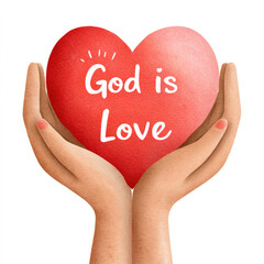 Watercolour cartoon hands holding glowing heart with "god is love" message for inspirational design and spiritual on white background