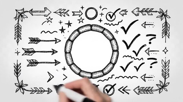 Hand-drawn diagram on white background, arrows, ring, checkmarks and design elements