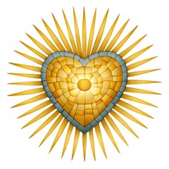 Vibrant watercolor mosaic heart with radiant gold for creative design on white background