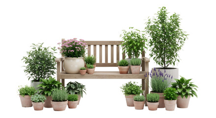 Rustic Wooden Garden Bench with Potted Plants on White Background &mdash; Natural, Serene, Inviting &mdash; Ideal for Home Decor, Gardening, or Outdoor Lifestyle Branding.
